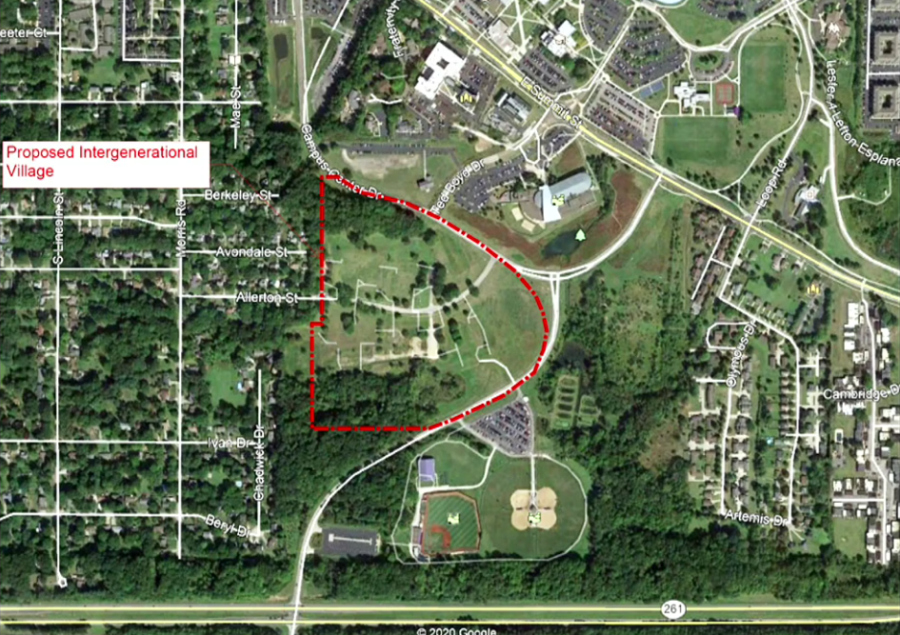 An overview of the site of the proposed intergenerational village project shown to attendees of the Vision of a Village community meeting on Wednesday, Oct. 27, 2021. 