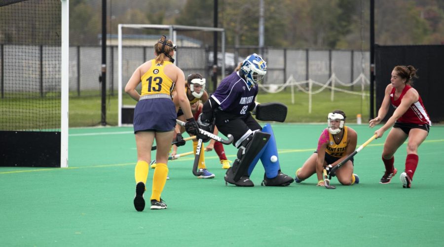 Fifth year goal keeper Azure Fernsler (82) blocks the ball from going into the net during the field hockey game on Oct. 15, 2021. Kent State beat Miami University 1-0 in regular time.