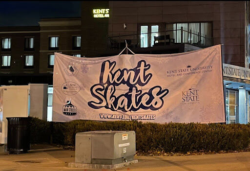 The sign for the Kent Skates and all the partnerships involved. The rink is located on East Erie Street in downtown Kent, which is between St. Rt. 59 and South Depeyster Street. 