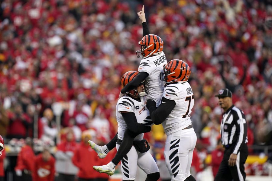 Cincinnati+Bengals+kicker+Evan+McPherson+%282%29+celebrates+with+teammates+after+kicking+a+31-yard+field+goal+during+overtime+in+the+AFC+championship+NFL+football+game+against+the+Kansas+City+Chiefs%2C+Sunday%2C+Jan.+30%2C+2022%2C+in+Kansas+City%2C+Mo.+The+Bengals+won+27-24.+%28AP+Photo%2FEric+Gay%29