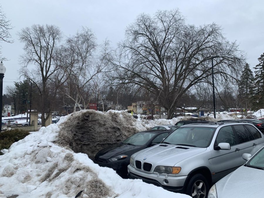 R1 Rockwell Parking Lot at Kent State covered in mounds of snow on Feb. 2, 2022.