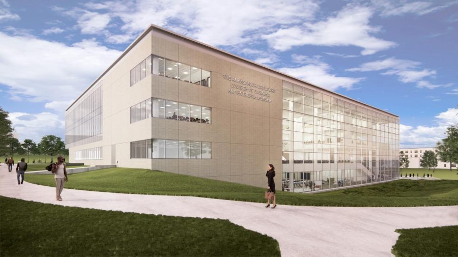 A rendering of Crawford Hall, what will be the new building for the Ambassador Crawford College of Business and Entrepreneurship, formerly known as the College of Business Administration. The Kent State Board of Trustees voted to approve the renaming of the college and construction of the new building at its meeting on Friday, Oct. 22, 2021. The new building will be located at the current site of Terrace Hall, located between East Main Street and Terrace Drive.
