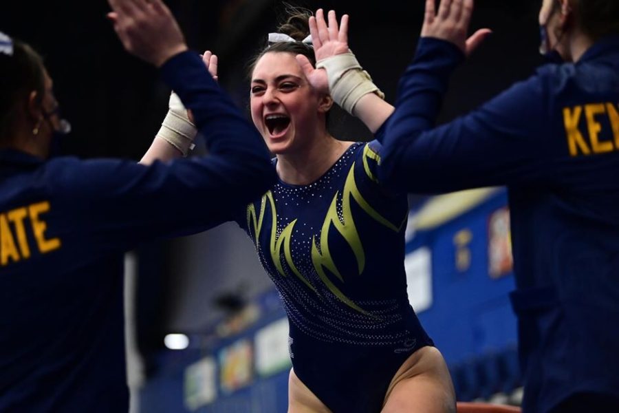 Senior Cami Klein reacts during a Kent State gymnastics team meet. The Flashes beat Ball State 194.875 to 194.800 in Muncie, Indiana. 