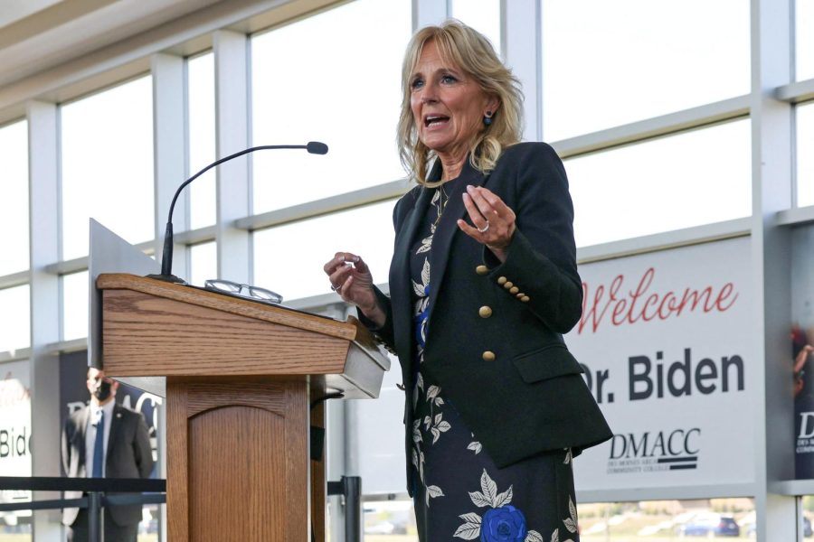 US First Lady Jill Biden delivers remarks at Des Moines Area Community College, Ankeny Campus, in Ankeny, Iowa, on September 15, 2021. (Photo by EVELYN HOCKSTEIN / POOL / AFP) (Photo by EVELYN HOCKSTEIN/POOL/AFP via Getty Images)