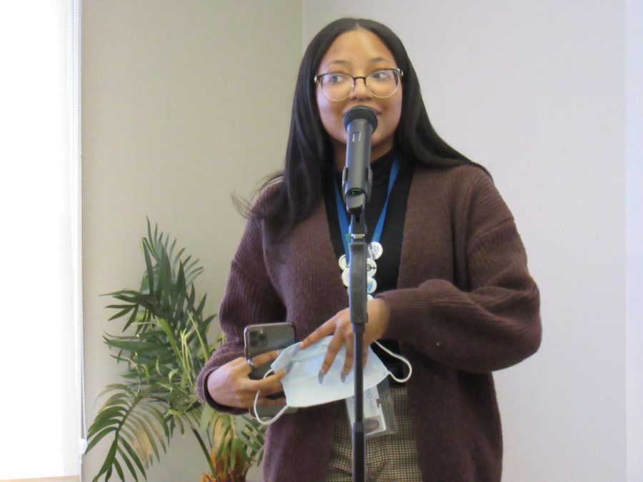 Heaven Brown, a senior high school intern, speaks at the Speaker on the Path: The Words and the Works of bell hooks event at the Williamson House on Tuesday, Jan. 25, 2022.