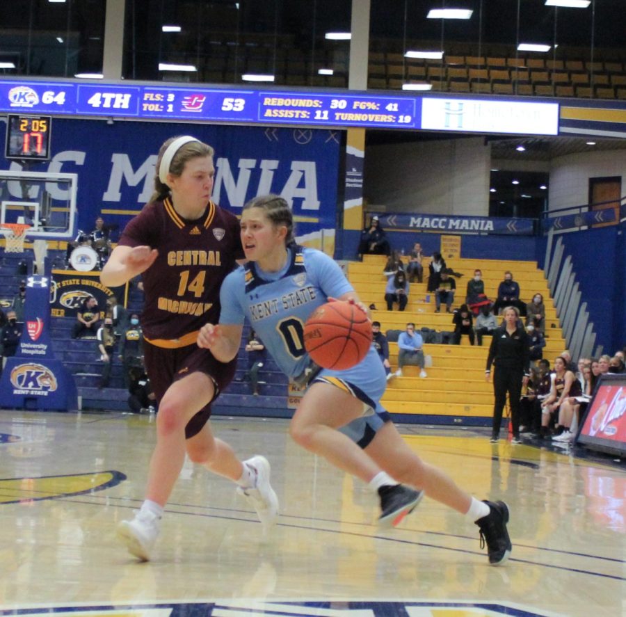 Sophomore+guard+on+Kents+womens+basketball+team%2C+Casey+Santoro%2C+dribbling+down+the+court+on+Wed.+Feb.+2%2C+2022+against+Central+Michigan+university.