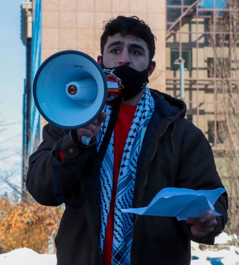 At the protest for justice for Palestine on Saturday, Jan. 29, Abud Salem, a junior at Case Western, passionately describes the oppression and displacement Palestinians, and especially Palestinian children face oversees.