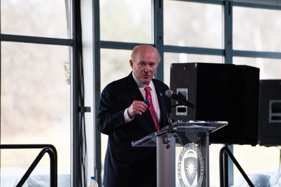 Ambassador Edward F. Crawford, the lead donor for the new building and the one whom the college will be named after, speaks to the audience about what led up to this moment.