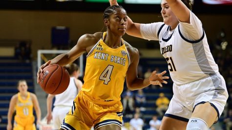 Junior forward Nila Blackford makes a move toward the basket during the Kent State womens basketball teams loss to Toledo in the second round of the WNIT in Toledo, Ohio on Monday, March 21