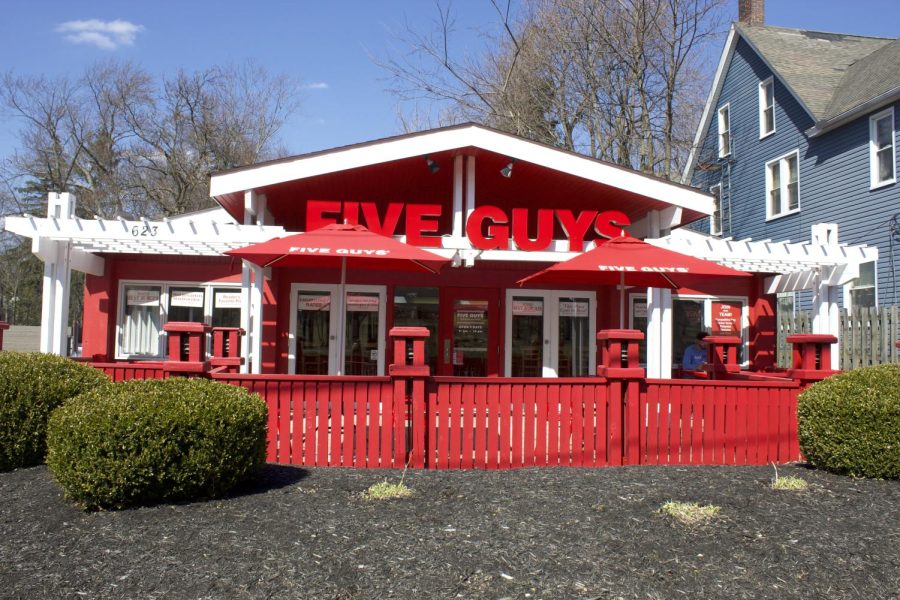 Five Guys on 626 E Main St. Pictured is the front of the building and this is just one the many chain restaurants along this street.