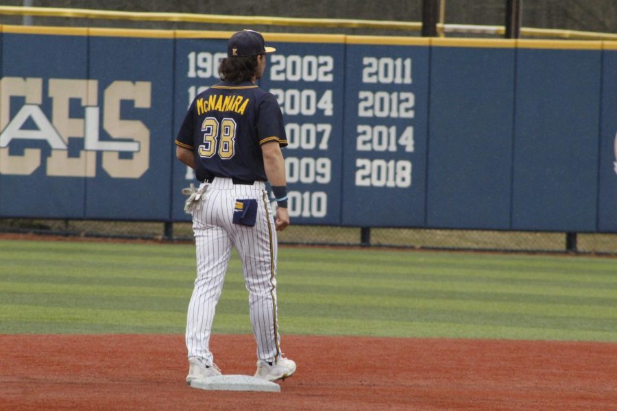 Golden Flashes Baseball play Central Michigan Universitys Chippewas on March 11, 2022. Sophomore Michael McNamara waits at the plate for the ball.