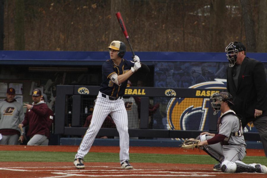 Golden Flashes Baseball play Central Michigan Universitys Chippewas on March 11, 2022. Sophomore Aidan Longwell is up to bat.