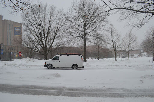 A university vehicle parks near the library during the campus closure on Thursday, Feb. 3, 2022. The university announced Thursday evening the closure would extend through Friday, Feb. 4, 2022 due to severe weather conditions. 