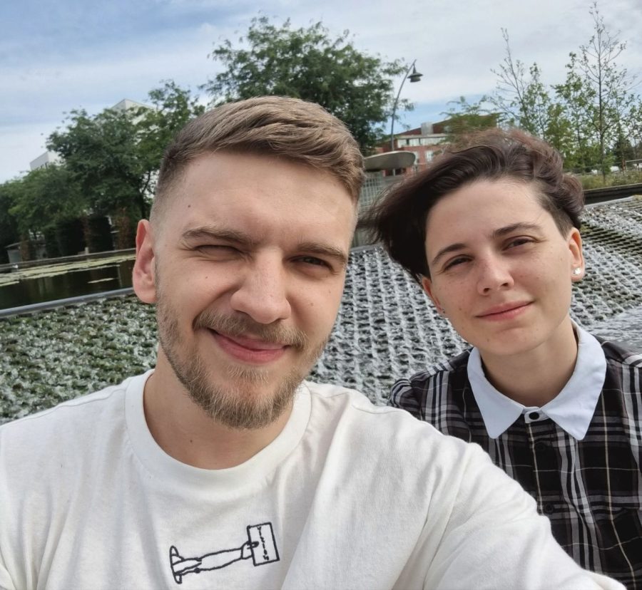 Andrii Zinevych (left) and Mariia Zinevych (right) pose for a photo together in Ukraine. This photo was taken on a trip to the Netherlands.