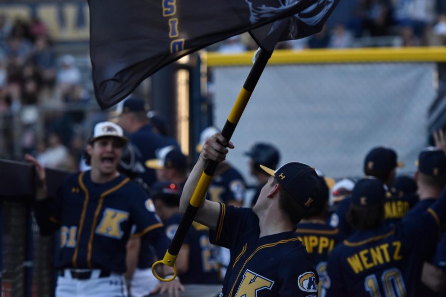 A Kent State baseball team member waves the teams flag after the team scores a run.