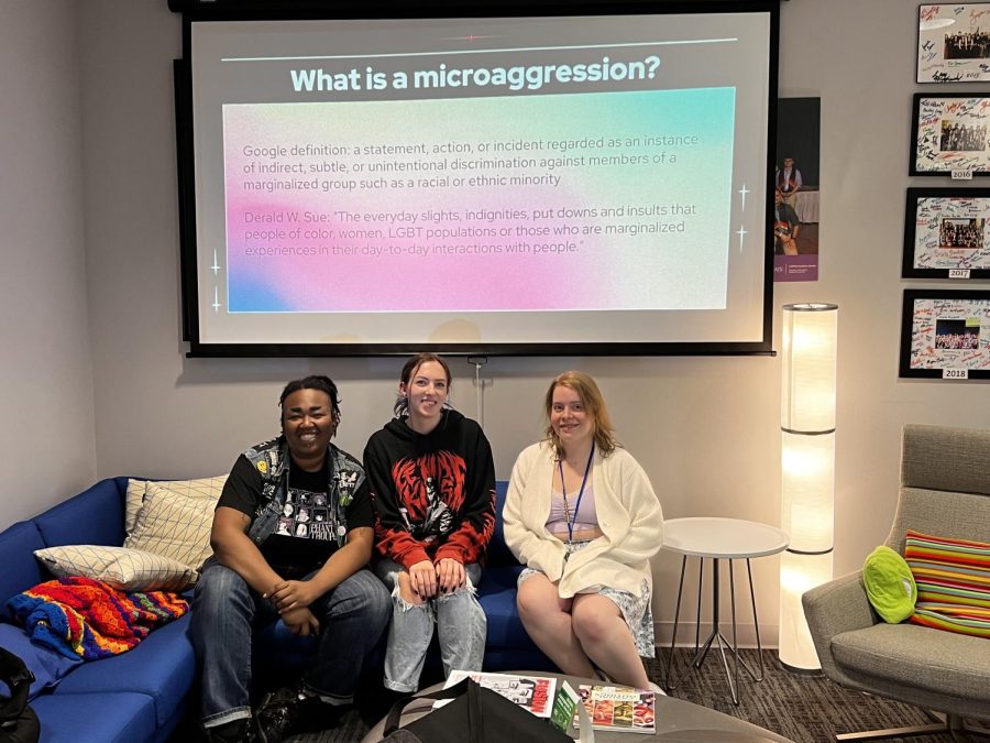 LGBTQ+center+interns+sit+in+front+of+their+presentation+on+microaggressions.+%0AFrom+right+to+left%3A+Graham+Callahan%2C+Gi+Jessup+and+Amber+Quinlivan.