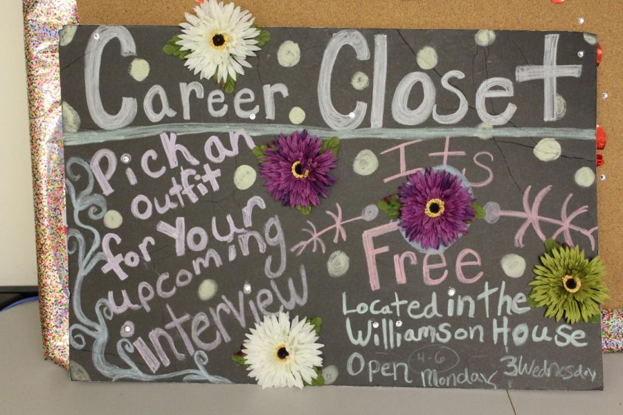 The Career Closet welcoming sign on the bottom floor of the Womens Center in the Williamson House.