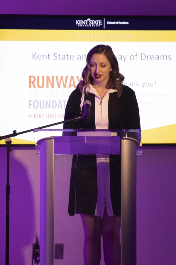 Senior Bri Cummings speaks about the Runway of Dreams Foundation before Kent States annual fashion show on April 28, 2022.