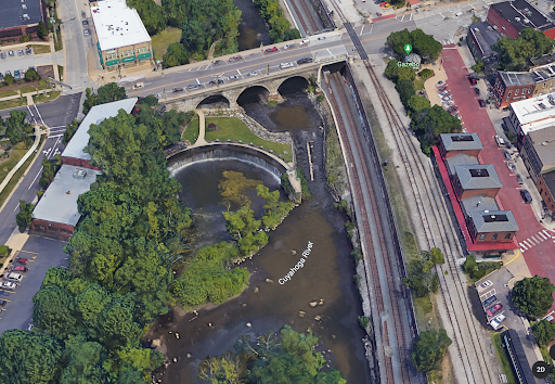 The stretch of the Cuyahoga River where the mother and child were rescued on Saturday, April 23, 2022. Bade helped the pair onto a land mass in the river while they waited for the Kent Fire Department and the Portage County Water Rescue Team to respond to the scene. 