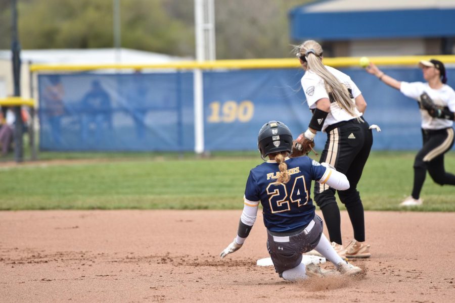 Kent State senior Chloe Cruz slides into second base during the first game of the doubleheader on April 30, 2022.