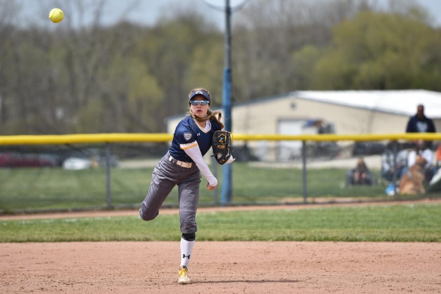 Kent State junior Julia Mazanec throws the ball back to the pitcher on April 30, 2022.