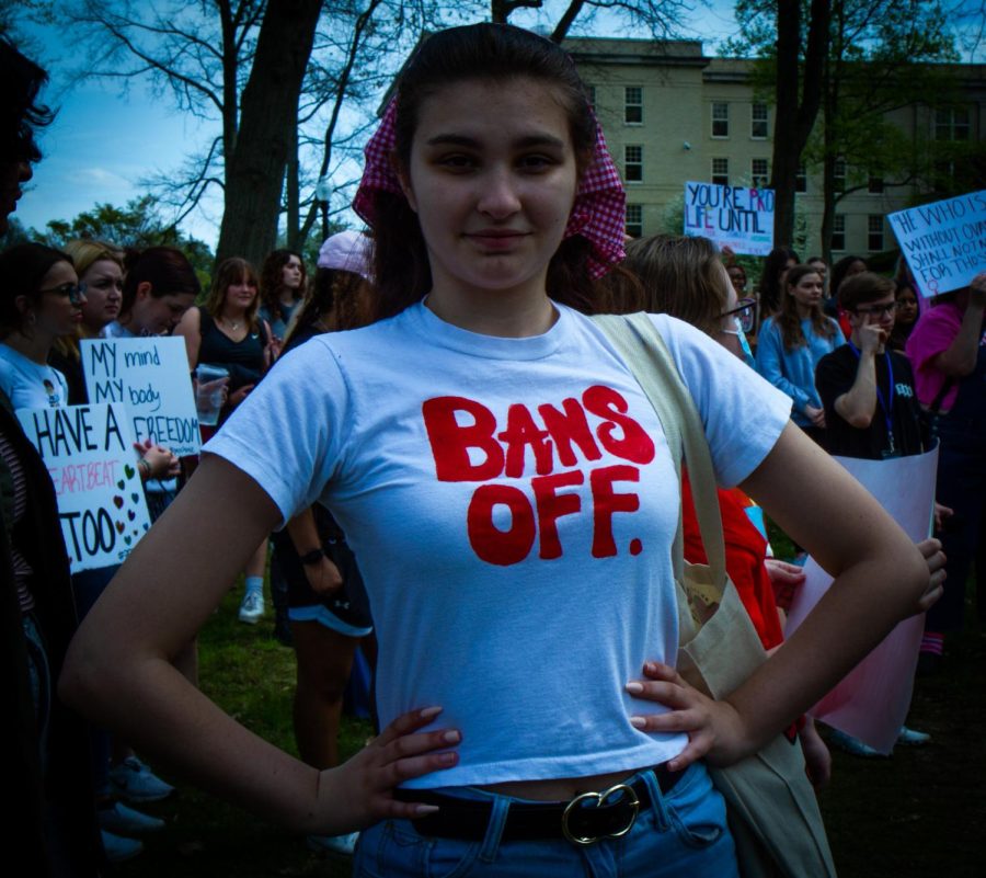 Sophia Sainato, a Kent State Student, wears a shirt that reads Bans Off at the protest for pro-choice rights on Thursday, May 5.