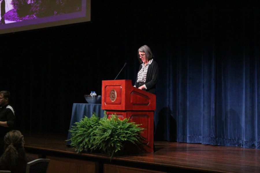 English Professor Tammy Clewell speaking on Monday, May 2 at the Jerry M. Lewis May 4 Lecture Series and Luncheon.  