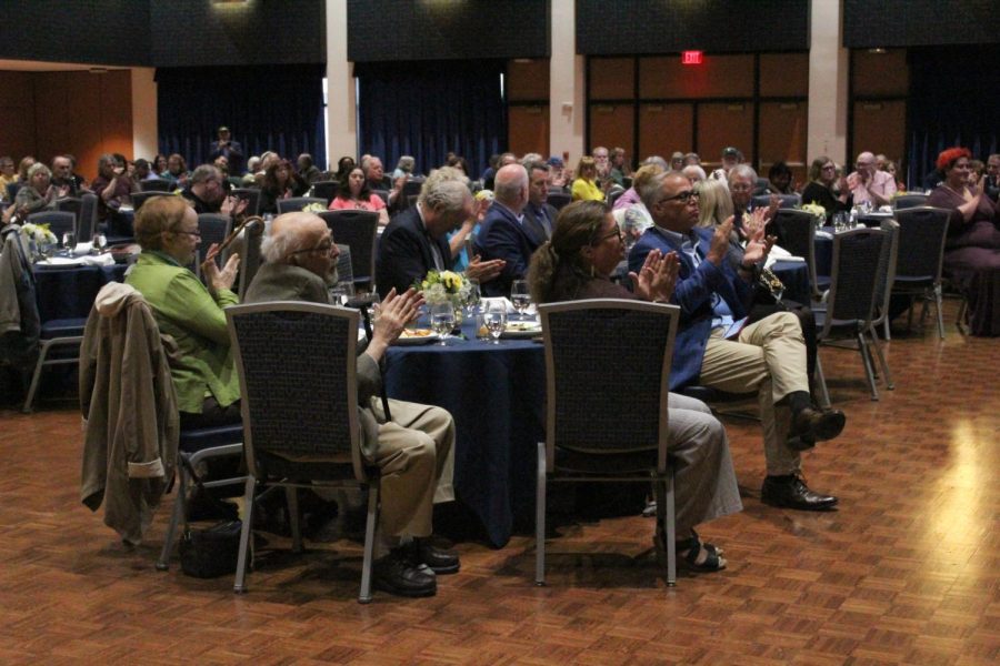 Jerry Lewis sitting with his wife, daughter, son and Kent state President Todd Diiacon on Monday, May 2 at the Jerry M. Lewis May 4 Lecture Series and Luncheon.