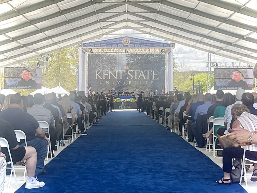 The audience listens to Melody Tankersley address the graduating class during her speech at the Education, Health and Human Services graduation ceremony on May 13, 2022. 