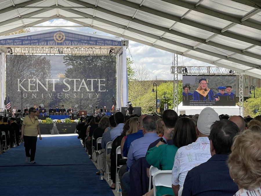 Attendees watched as Virginia Addicott, member of the Kent State University Board of Trustees, addressed the graduates May 13, 2022.
