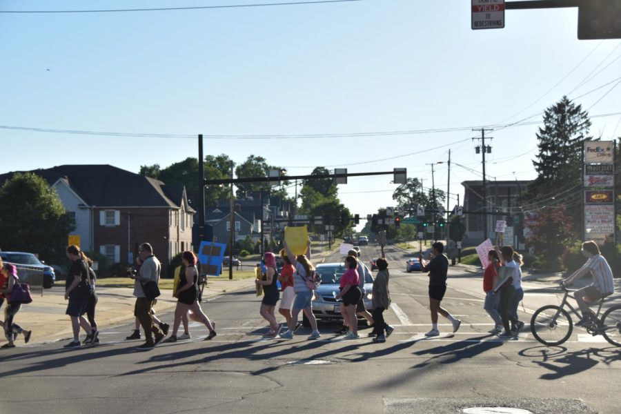 The June 24 protest of the Roe v. Wade decision ended by marching to the Kent State Rock while chanting remarks such as Hey! Hey! Ho! Ho! The patriarchy has got to go!