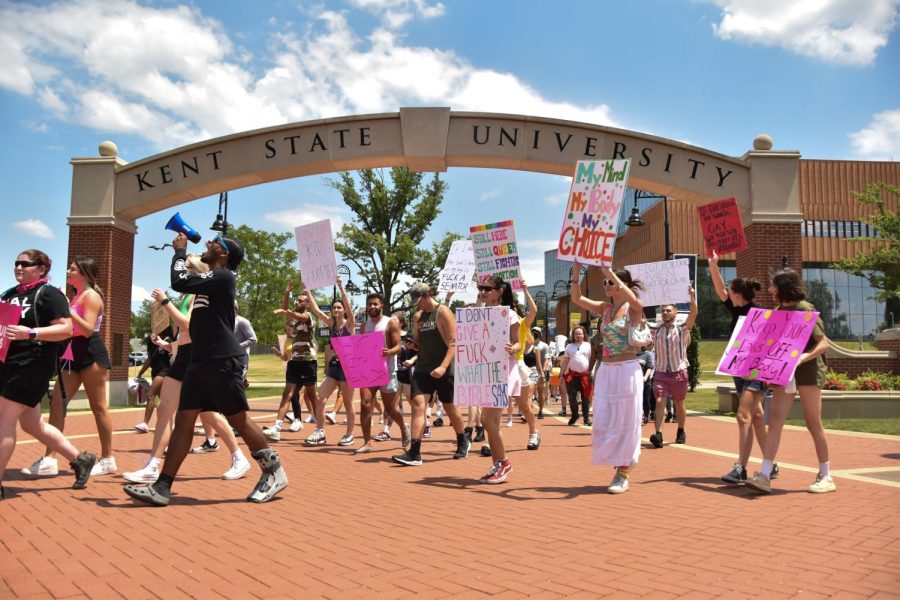 Several streets are blocked by law enforcement on campus due to the turnout of protesters at a pro-abortion rights march at Kent State June 29.