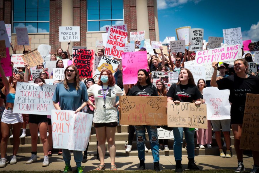People gather at the K on Risman Plaza and march to the Portage County Municipal Courthouse, chanting My body, my choice or This is what democracy looks like while walking at the pro-abortion rights rally at Kent State on Wednesday, June 29.