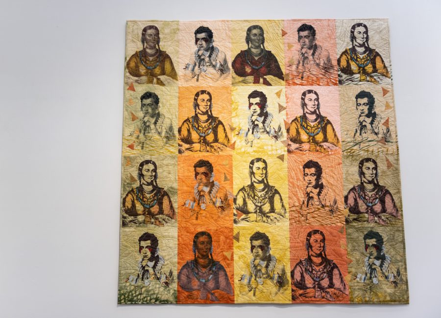 Patty Kennedy-Zafreds Warriors in the White House depicts a collage of Native Americans.