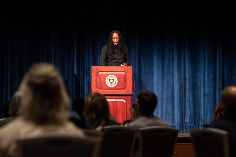 Keynote speaker Bettina L. Love delivers an impassioned speech during the 2022 Anti-Racism Conference.