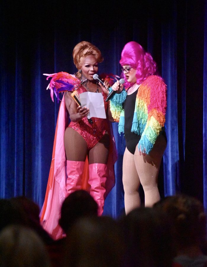 Coco Montrese and Frutisha Punch, a Kent State student and drag queen, cohost the Sex Week drag show Oct. 26. 