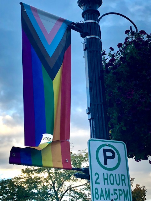 One of the pride flag banners on the Main Street bridge shown vandalized.