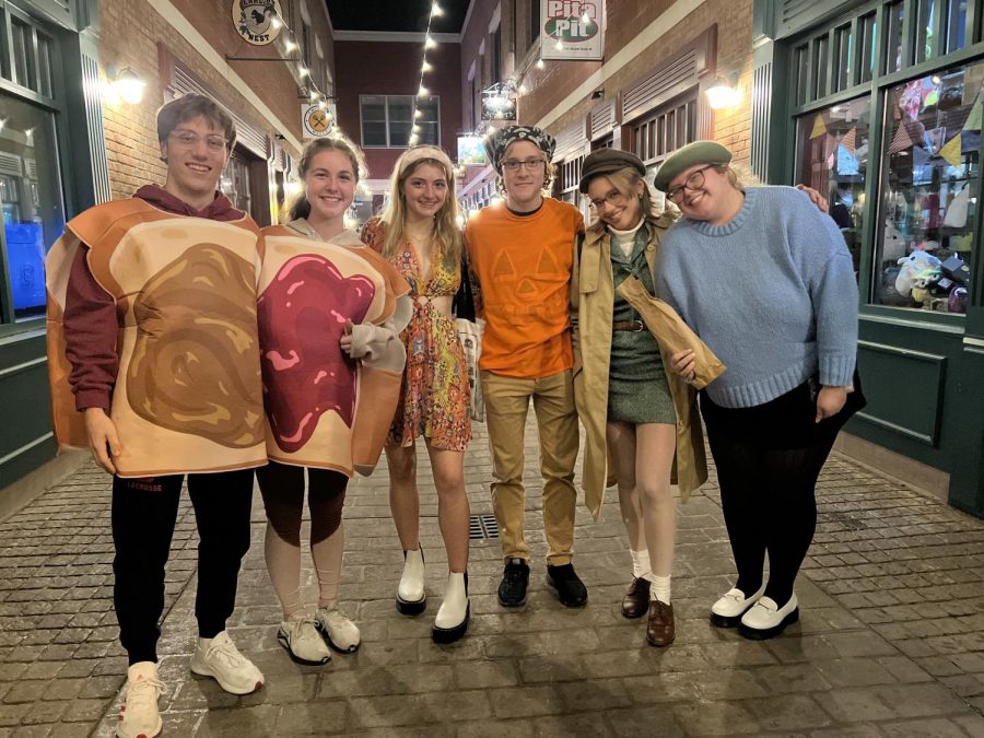 A group of Kent State students celebrating Halloween in Acorn Alley at around 9:00 p.m.