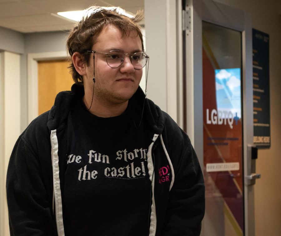 Kent State student Kellum Thomas speaks on his thoughts about gathering in the LGBTQ+ Center in response to the recent tragedy in Colorado Springs, Colorado.