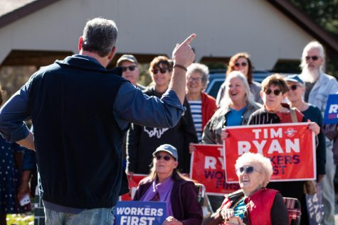 Democratic senator candidate Tim Ryan speaks with supporters during a campaign stump at Kent Ohios Plum Creak Park on Nov. 7, 2022. 