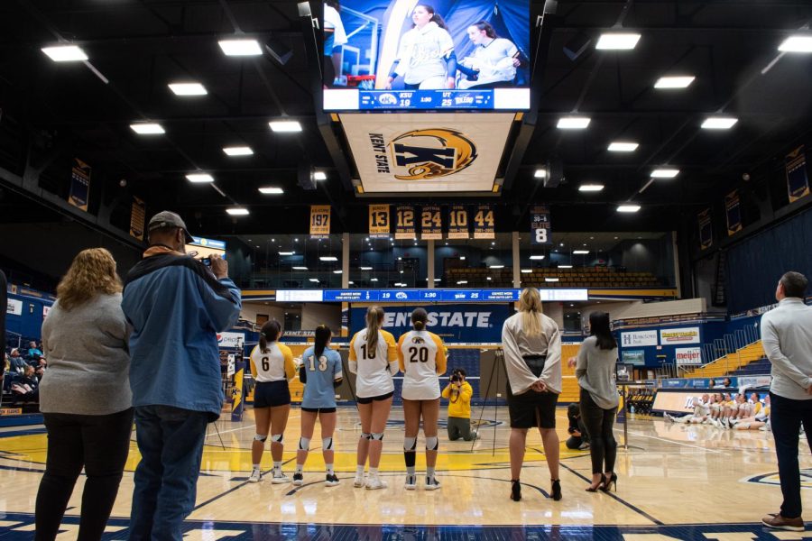 Following the game against Toledo, the Kent State volleyball team held a ceremony to commemorate graduating seniors Alex Haffner, Lana Strejcek, Erin Gardner and Danie Tyson for their achievements on the volleyball team.
