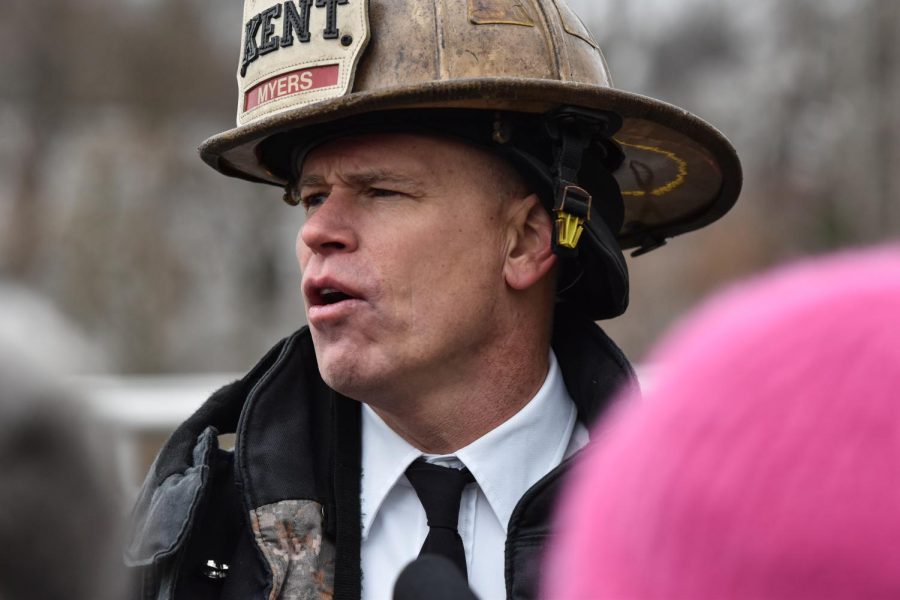 Kent Fire Chief Bill Myers speaks to reporters during a press conference about the state of the fire at the Star of the West Mill.