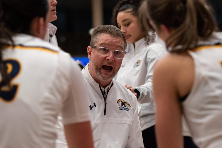 Kent State Womens Basketball head coach Todd Starkey motivates the girls during a time out in the closing minutes of the game against Hiram on Dec. 11, 2022.