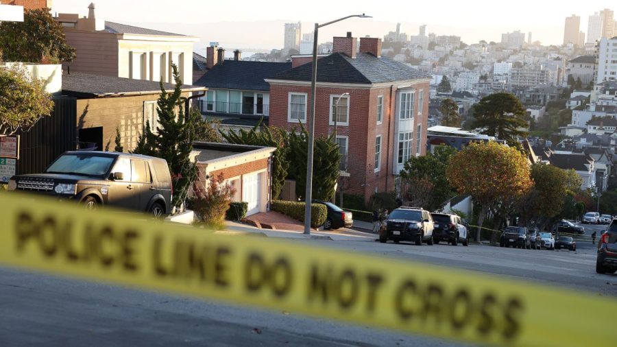 Police tape is seen in front of the Pelosis home on October 28, 2022, in San Francisco, California.
Justin Sullivan/Getty Images