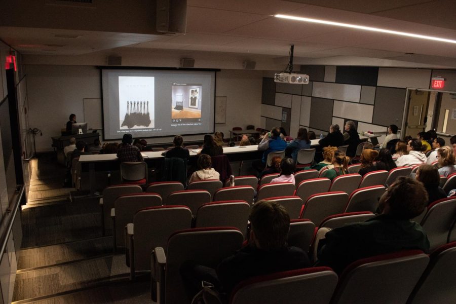 Guest lecturer Nneka Kai speaks at Kent States Center for Visual Arts about what inspired her throughout her recent works  utilizing hair during a lecture on Jan. 20th, 2023.