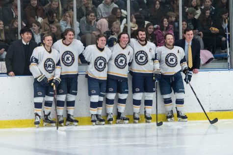 Kent State hockey team seniors Zachary Zwierecki (far left), Mitch Pozwick, Jake Herrberg, Charlie Gortz and Zachary Barnes pose for a picture during the senior night event before the home game against West Virginia University begins on Jan. 28, 2023.