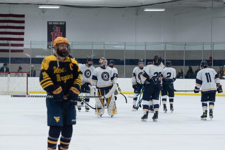 The Kent State team mourns their loss to West Virginia University during the home game on Jan. 28th, 2023. The team lost with a final score of 1-4.