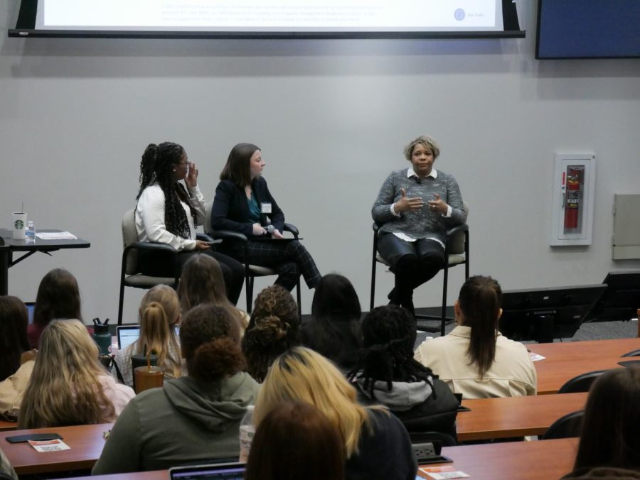 Ramona Hood (right) answers questions from students after being interviewed by Chania Crawford (left) and Maddie Goerl (left) at Kent States Public Relations Student Society of America event Feb. 21.