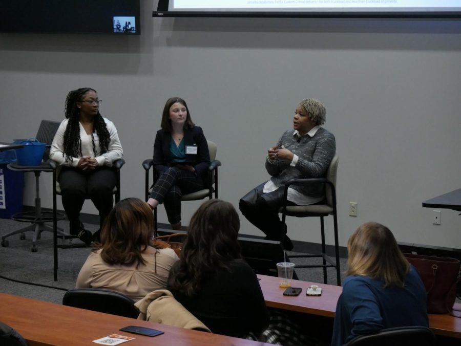 Chania Crawford (left) and Maddie Goerl (middle) open the panel as Ramona Hood (right) takes questions from the audience at Kent States Public Relations Student Society of America event Feb. 21.