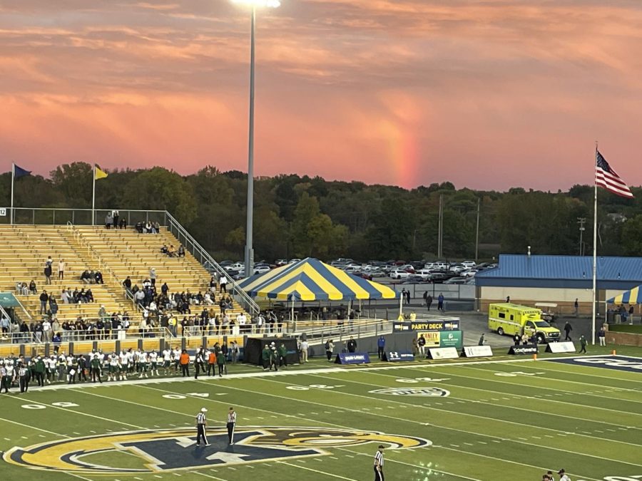 A sunset rainbow paints the sky during the Kent State Homecoming Football game Oct. 1, 2022. 